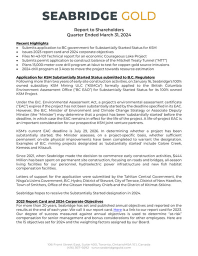 Thumbnail Seabridge Gold
 Quarterly Report 2024-q1