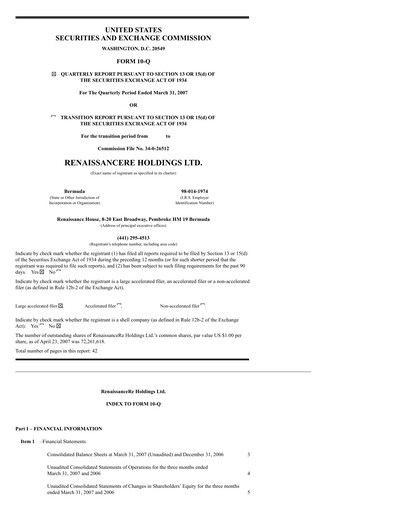 Thumbnail RenaissanceRe
 Quarterly Report 2007-q1
