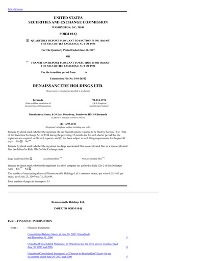 Thumbnail RenaissanceRe
 Quarterly Report 2007-q2
