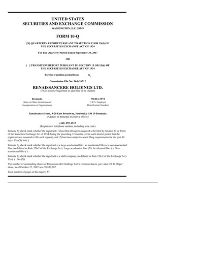 Thumbnail RenaissanceRe
 Quarterly Report 2007-q3