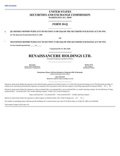 Thumbnail RenaissanceRe
 Quarterly Report 2008-q1