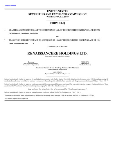 Thumbnail RenaissanceRe
 Quarterly Report 2008-q2