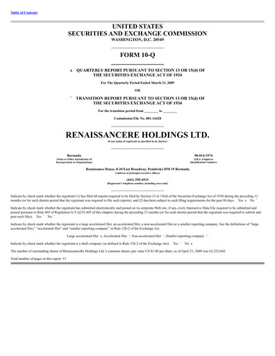 Thumbnail RenaissanceRe
 Quarterly Report 2009-q1