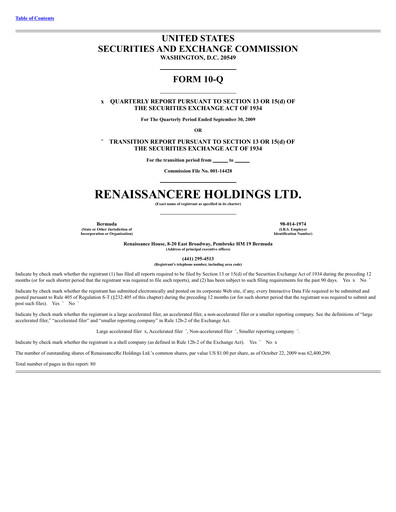 Thumbnail RenaissanceRe
 Quarterly Report 2009-q3