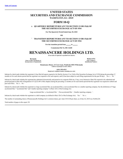 Thumbnail RenaissanceRe
 Quarterly Report 2010-q2