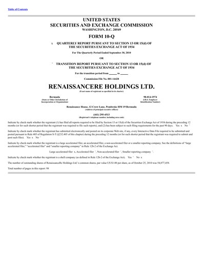 Thumbnail RenaissanceRe
 Quarterly Report 2010-q3