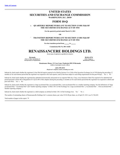 Thumbnail RenaissanceRe
 Quarterly Report 2011-q1