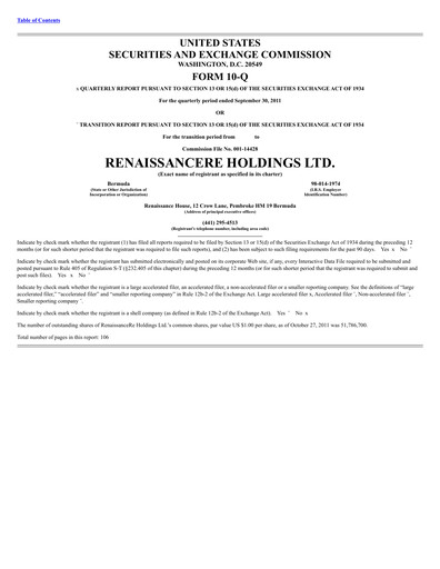 Thumbnail RenaissanceRe
 Quarterly Report 2011-q3