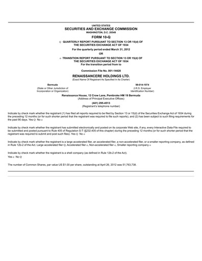 Thumbnail RenaissanceRe
 Quarterly Report 2012-q1