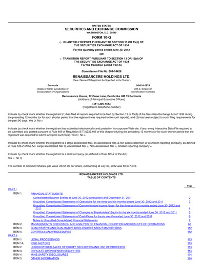 Thumbnail RenaissanceRe
 Quarterly Report 2012-q2
