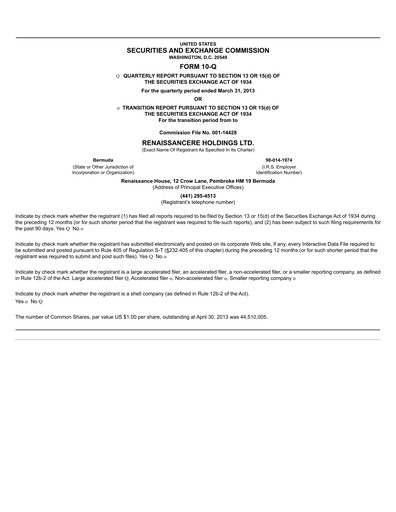 Thumbnail RenaissanceRe
 Quarterly Report 2013-q1