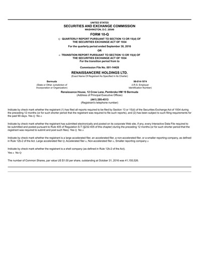 Thumbnail RenaissanceRe
 Quarterly Report 2016-q3
