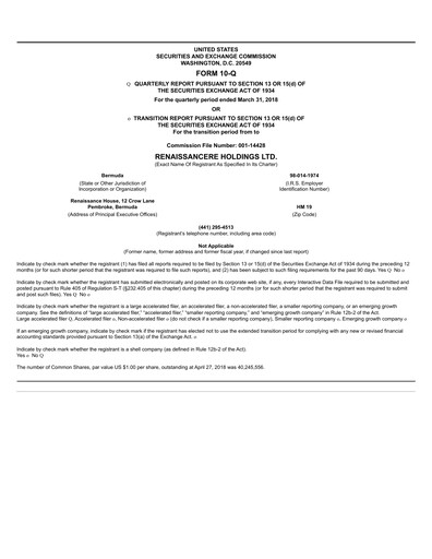 Thumbnail RenaissanceRe
 Quarterly Report 2018-q1