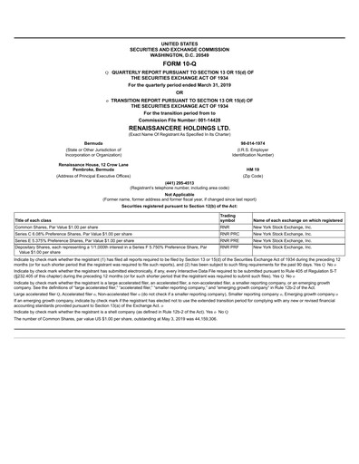 Thumbnail RenaissanceRe
 Quarterly Report 2019-q1