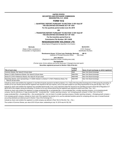Thumbnail RenaissanceRe
 Quarterly Report 2019-q2