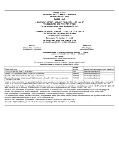Thumbnail RenaissanceRe
 Quarterly Report 2019-q3