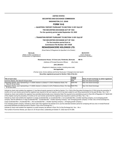 Thumbnail RenaissanceRe
 Quarterly Report 2022-q3