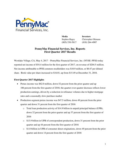Miniature PennyMac Financial Services Rapport trimestriel 2017-q1