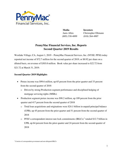 Miniature PennyMac Financial Services Rapport trimestriel 2019-q2