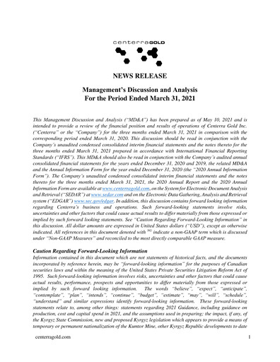 Thumbnail Centerra Gold Quarterly Report 2021-q1