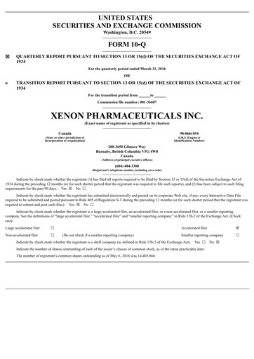 Thumbnail Xenon Pharmaceuticals Quarterly Report 2016-q1