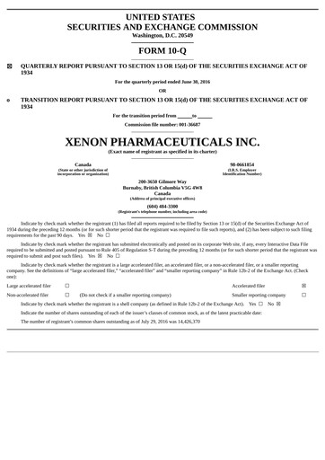 Thumbnail Xenon Pharmaceuticals Quarterly Report 2016-q2
