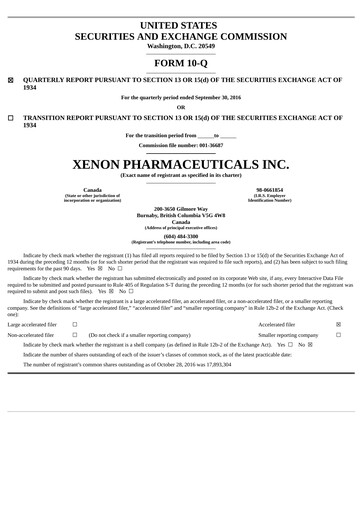 Thumbnail Xenon Pharmaceuticals Quarterly Report 2016-q3
