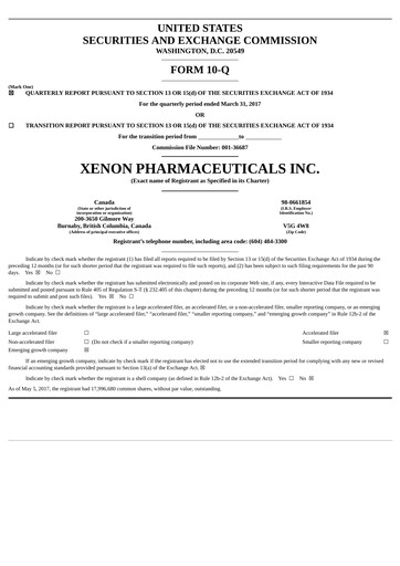 Thumbnail Xenon Pharmaceuticals Quarterly Report 2017-q1