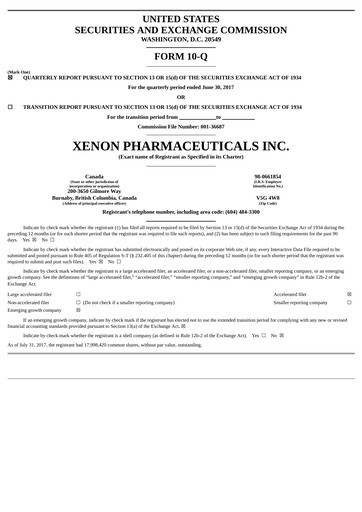 Thumbnail Xenon Pharmaceuticals Quarterly Report 2017-q2