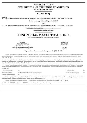 Thumbnail Xenon Pharmaceuticals Quarterly Report 2017-q3
