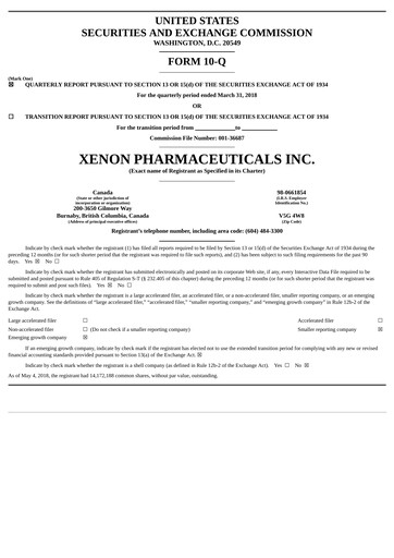 Thumbnail Xenon Pharmaceuticals Quarterly Report 2018-q1