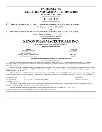 Thumbnail Xenon Pharmaceuticals Quarterly Report 2018-q2