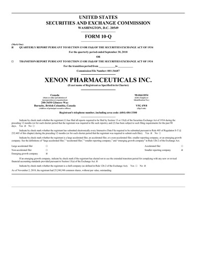 Thumbnail Xenon Pharmaceuticals Quarterly Report 2018-q3
