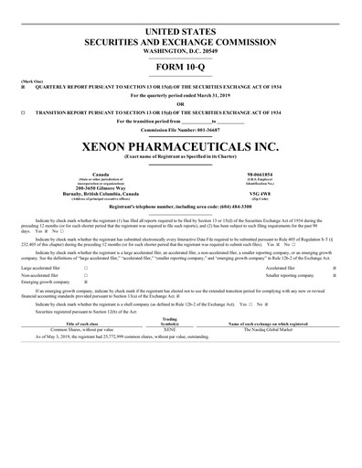 Thumbnail Xenon Pharmaceuticals Quarterly Report 2019-q1