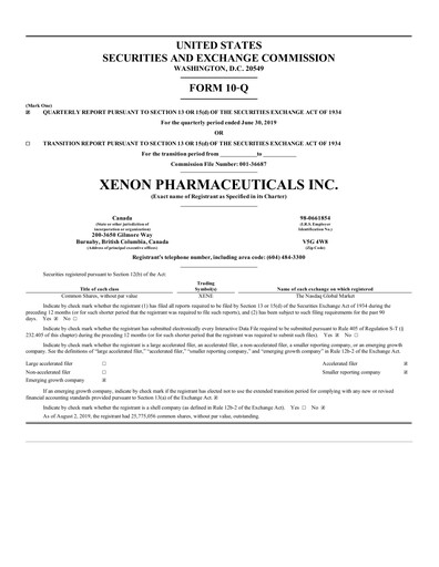 Thumbnail Xenon Pharmaceuticals Quarterly Report 2019-q2