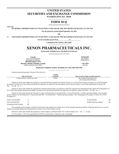 Thumbnail Xenon Pharmaceuticals Quarterly Report 2019-q3