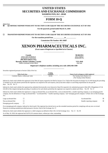 Thumbnail Xenon Pharmaceuticals Quarterly Report 2020-q1