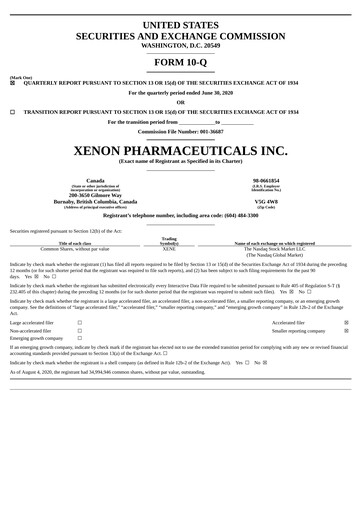 Thumbnail Xenon Pharmaceuticals Quarterly Report 2020-q2