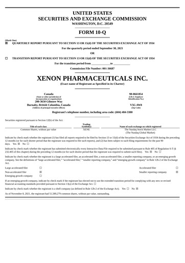 Thumbnail Xenon Pharmaceuticals Quarterly Report 2021-q3