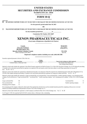 Thumbnail Xenon Pharmaceuticals Quarterly Report 2022-q2