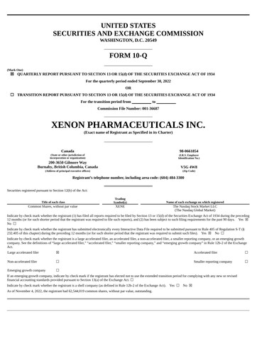 Thumbnail Xenon Pharmaceuticals Quarterly Report 2022-q3