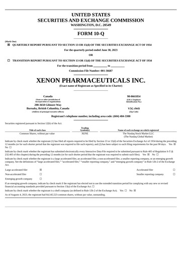 Thumbnail Xenon Pharmaceuticals Quarterly Report 2023-q2