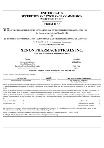 Thumbnail Xenon Pharmaceuticals Quarterly Report 2024-q1
