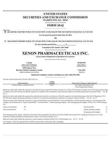 Thumbnail Xenon Pharmaceuticals Quarterly Report 2024-q2