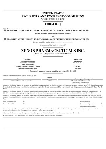 Thumbnail Xenon Pharmaceuticals Quarterly Report 2024-q3