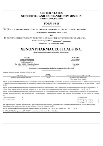 Thumbnail Xenon Pharmaceuticals Quarterly Report 2025-q1