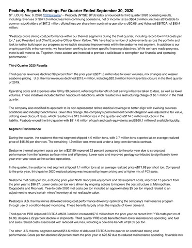 Thumbnail Peabody Energy
 Quarterly Report 2020-q3