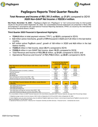 Miniature PagSeguro Rapport trimestriel 2020-q3
