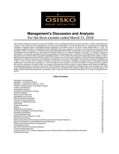 Miniature OR Royalties
 Rapport trimestriel 2018-q1