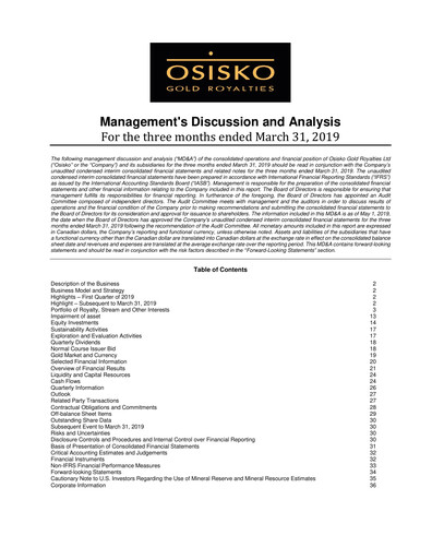 Miniature OR Royalties
 Rapport trimestriel 2019-q1